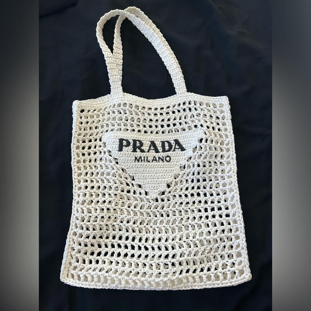Authentic White Prada Raffia Tote Bag